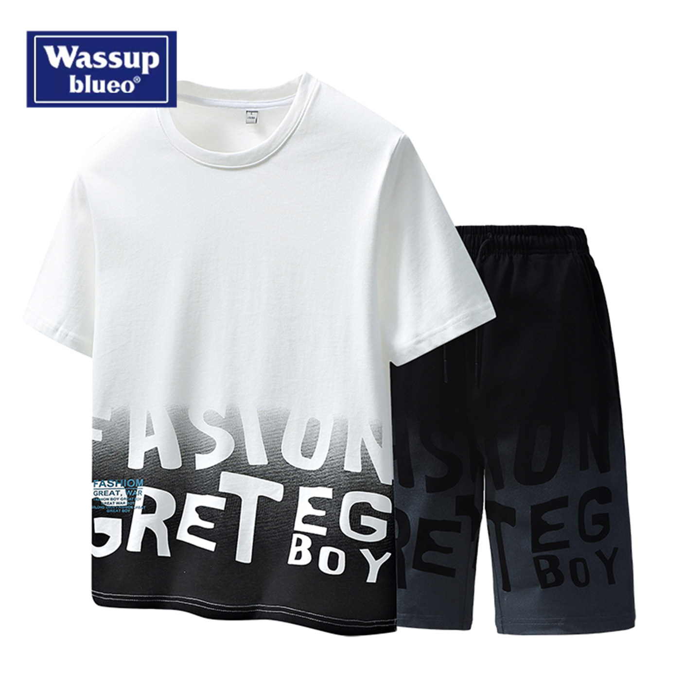 WASSUP纯棉短袖t恤男夏季薄款运动短裤休闲套装宽松透气两件套