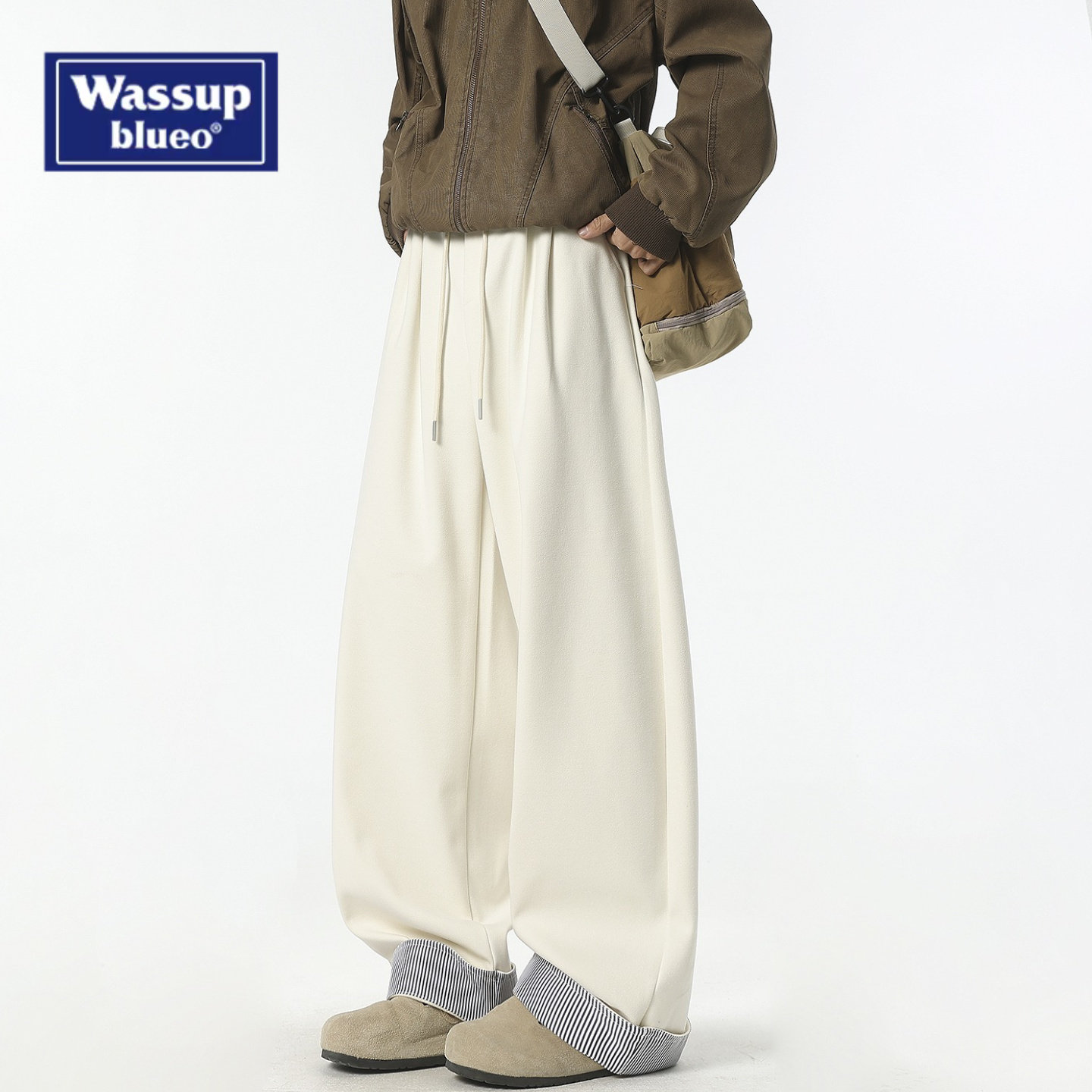 WASSUP美式慵懒风撞色条纹卷边休闲裤男夏潮牌复古百搭宽松阔腿裤
