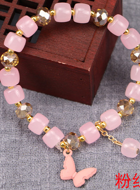 苗翎|新品水晶琉璃蝴蝶猫眼石手链弹力绳串珠气质手串算盘珠子