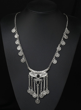 欧美风复古个性钱币流苏项链金属长款毛衣链波西米亚民族风配饰