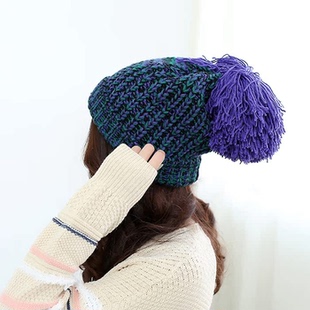 特价手工编织帽子针织毛线帽秋冬保暖护耳帽大毛球球撞色保暖帽子
