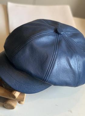 欧货八角帽秋冬百搭南瓜鸭舌贝雷帽pu皮英伦画家帽网红女帽子蓝色