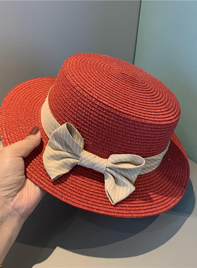 新款复古红色草帽平顶礼帽女夏季日系蝴蝶结糖果色帽子逛街女帽