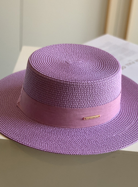 2025新款浪漫紫色草帽女优雅平顶帽子度假百搭休闲宽檐礼帽夏季潮