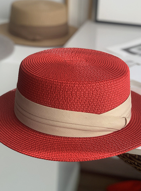 法式平顶草帽女春夏出游逛街遮阳帽复古红色百搭平檐英伦礼帽短檐