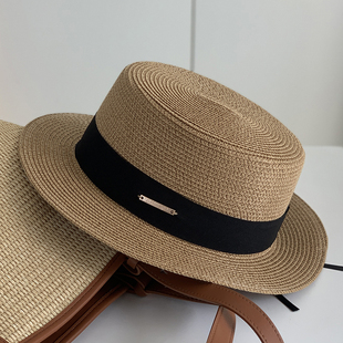 平顶帽子女夏季遮阳帽巴拿马草帽平沿法式沙滩帽草编男女防晒礼帽
