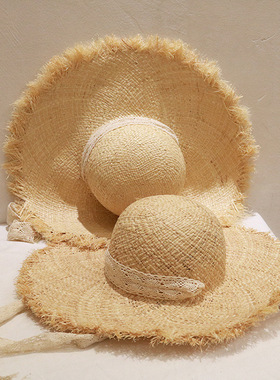 设计师款草帽女春夏海边拉菲草毛边大檐防晒帽蕾丝绑带亲子遮阳帽