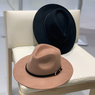 英伦风显脸小 大檐皮带扣爵士帽法式 复古百搭羊毛礼帽男女同款 冬季