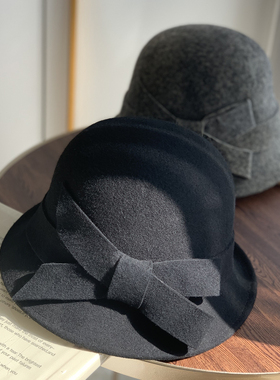 法式复古羊毛呢礼帽女秋冬卷边毛呢毡帽时尚百搭渔夫帽女士盆帽潮