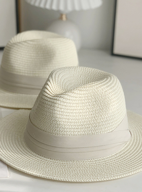 夏季可折叠白色平宽檐男女亲子草帽巴拿马礼帽遮阳帽子情侣沙滩帽
