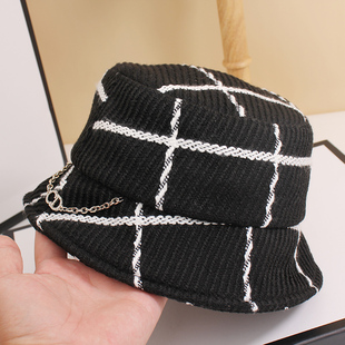 早春日本高端渔夫帽冬帽子女格纹帽出游街头男女情侣针织小众盆帽