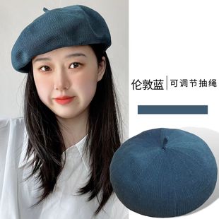 蓝色莫兰迪系石原里美同款 贝雷帽女春夏针织英伦复古孔雀蓝画家帽