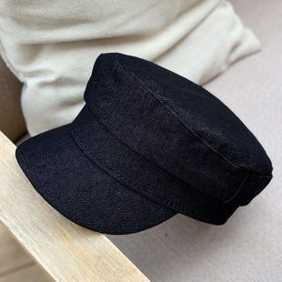 老钱风英伦复古深色牛仔平顶帽子女春秋报童帽百搭丹宁蓝鸭舌帽男
