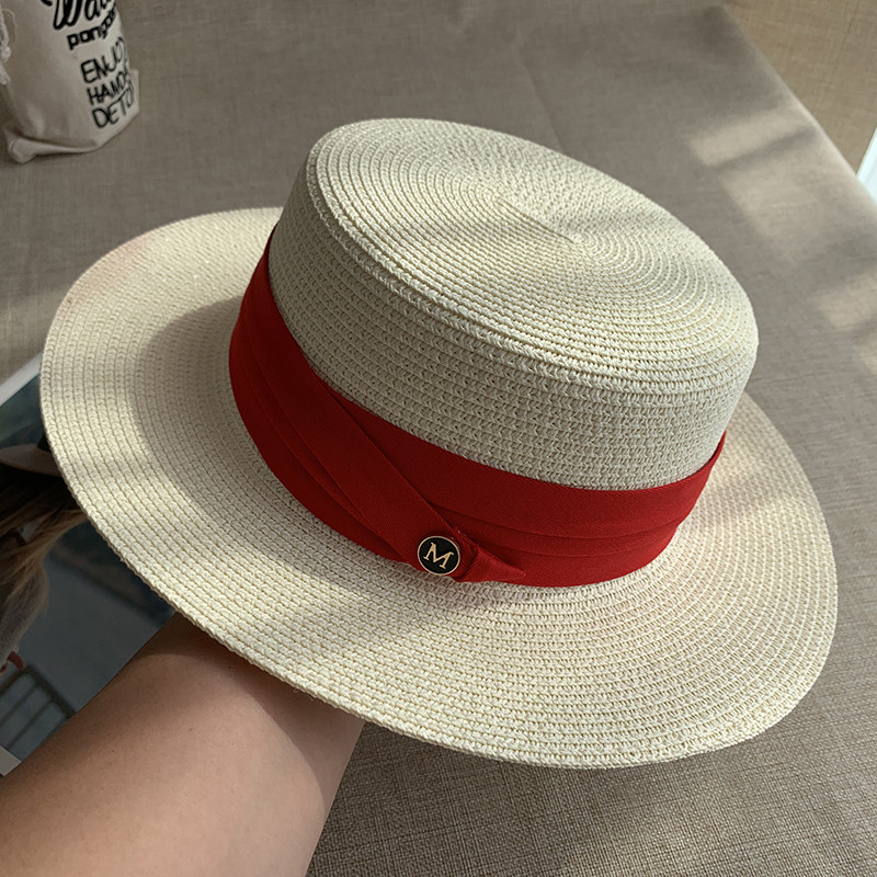 草编平檐红色礼帽女防晒太阳草帽夏季出游逛街时尚英伦平顶帽ins