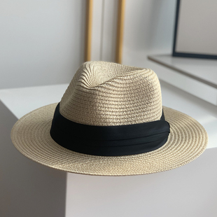 巴拿马草帽男女通用礼帽爵士帽大头围遮阳帽米色黑带百搭英伦可调