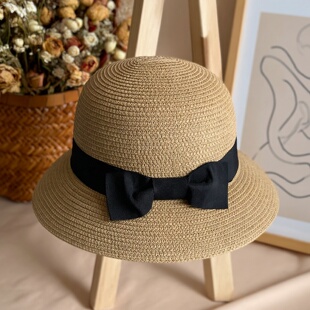 草帽女高级感法式 草编圆顶帽女春夏蝴蝶结度假百搭遮阳帽防晒帽子