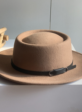 黑色羊毛呢平顶帽小礼帽皮带平沿帽法式英伦男女秋冬季情侣帽子