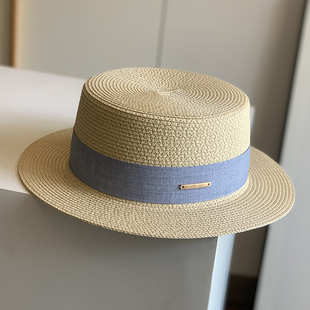 出游度假百搭简约平沿清新蓝带草编礼帽韩版男女法式平顶草帽遮阳