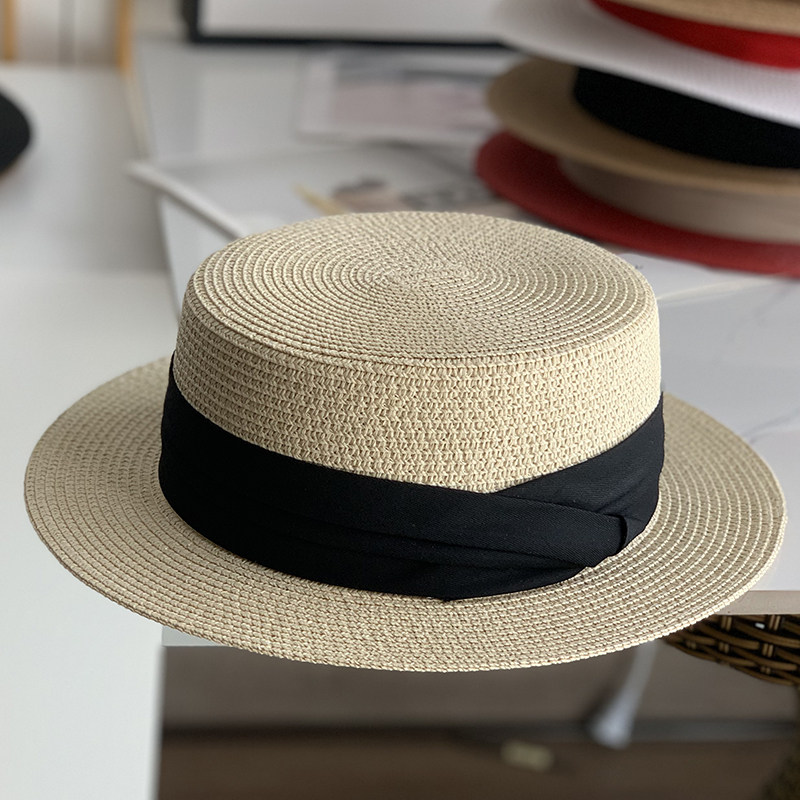 平顶帽子女夏度假海边巴拿马草帽平沿法式沙滩帽草编遮阳防晒礼帽