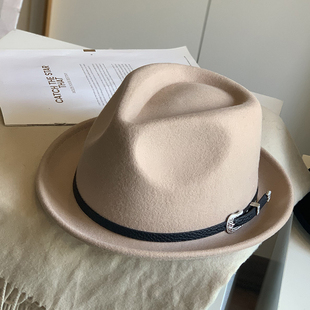 复古民族风纯羊毛呢平宽沿英伦皮带时尚女驼色绅士礼帽卷边爵士帽