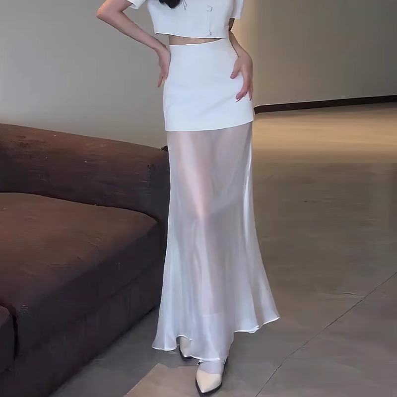 网纱拼接设计感半身长裙子女春夏新款高腰修身显瘦休闲百搭半身裙