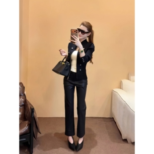 韩版气质黑色pu皮九分烟管裤女2026秋季新款高腰窄版休闲直筒皮裤