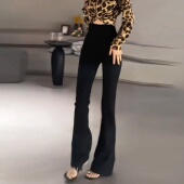 裤 女秋冬新款 高腰显瘦弹力修身 黑色加绒加厚微喇西装 马蹄喇叭裤 子