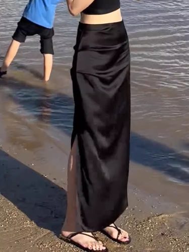 氛围感缎面气质褶皱开叉半身裙