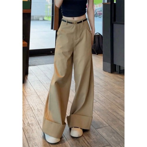 欧货复古卡其色高腰垂坠感阔腿裤