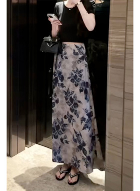 气质灰色印花大摆高腰垂感A字裙子长款休闲提花半身裙女2026爆款