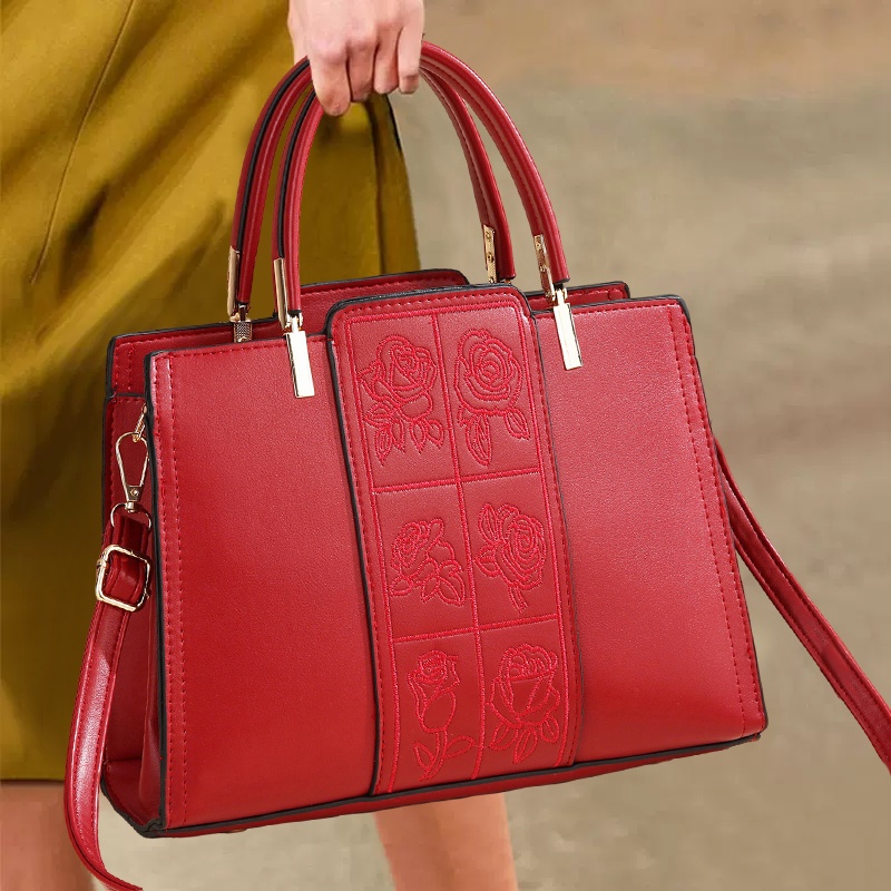香港真皮女包红色刺绣手提包女2025新款大气托特大容量单肩斜挎包