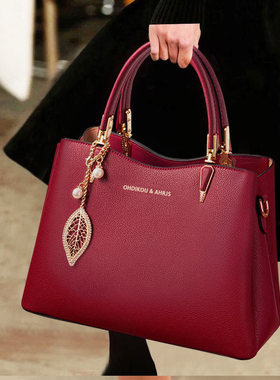 38节香港真皮新娘红色包包女妈妈结婚包中年女士手提包婆婆女包