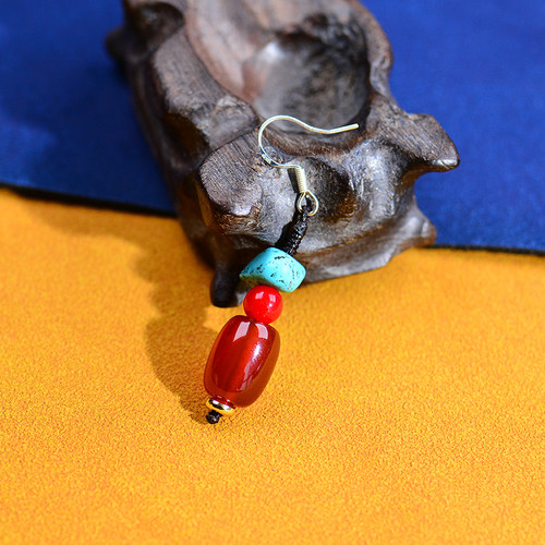 单边耳坠手工编织藏式绿松石耳环红玛瑙异域民族耳坠少数民族耳饰