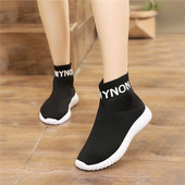 2026春秋透气套脚袜子鞋 厚底女飞织针织弹力布袜靴高帮休闲运动鞋