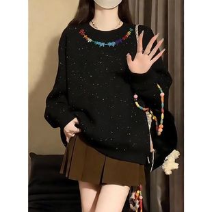 美式潮流高级感满天星亮片长袖卫衣女款冬季潮牌宽松显瘦百搭上衣