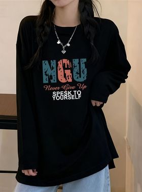 高街风中长款黑色印花甜美风isn纯棉长袖t恤女士秋季宽松显瘦上衣