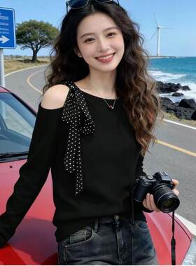 2026春秋新款网红ins波点系带蝴蝶结长袖t恤女生韩版宽松百搭上衣