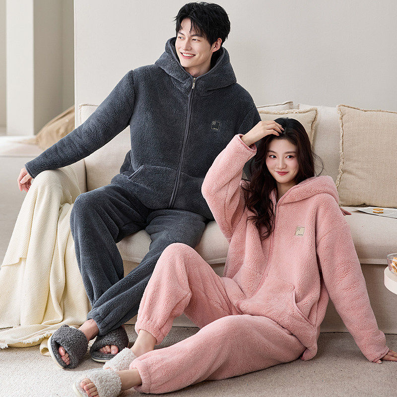 情侣睡衣女秋冬季双层复合加绒加厚珊瑚绒男法兰绒可外穿家居服