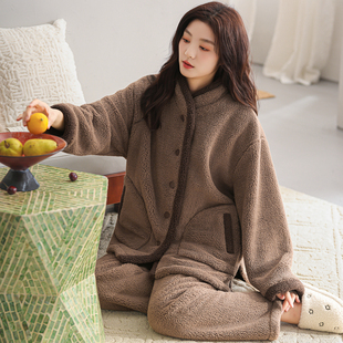 睡衣女秋冬款冬季珊瑚绒家居服法兰绒加厚款冬天大码加绒保暖套装