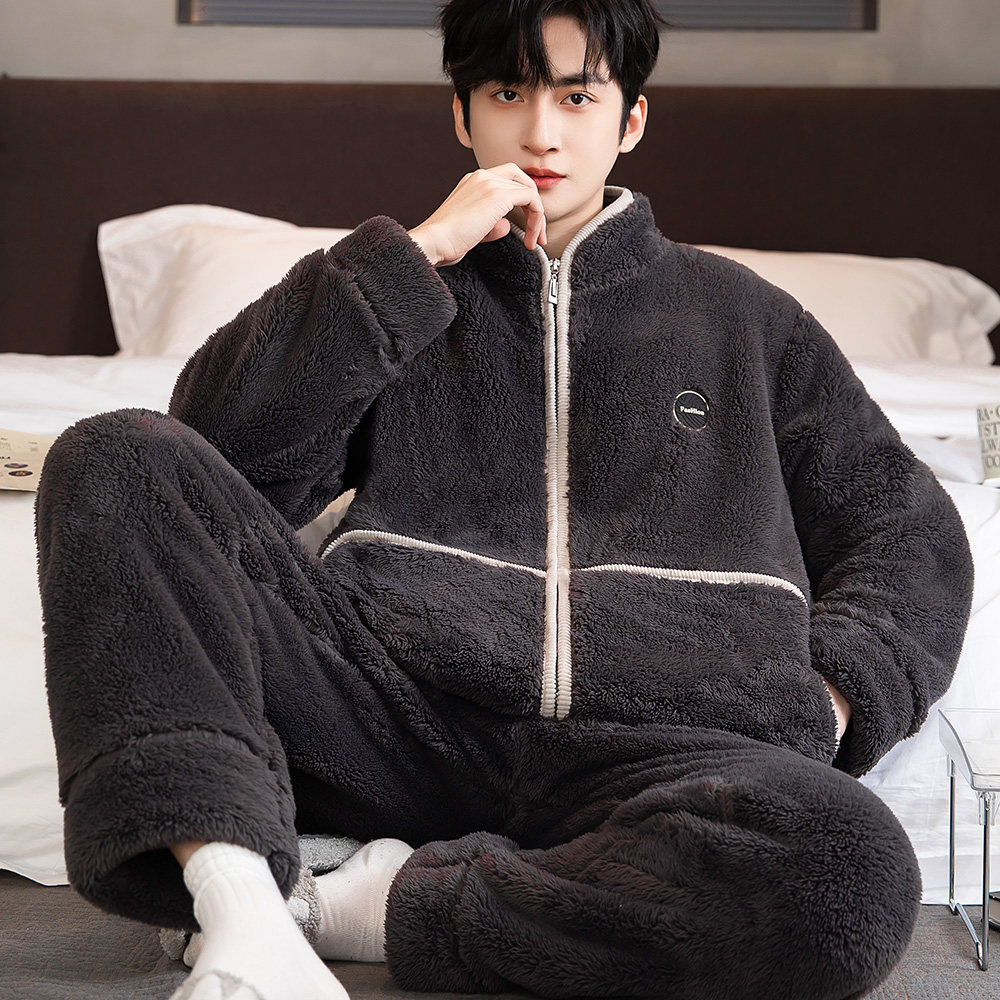 睡衣男秋冬天季法兰绒套装珊瑚绒家居服加绒加厚拉链大码保暖冬装