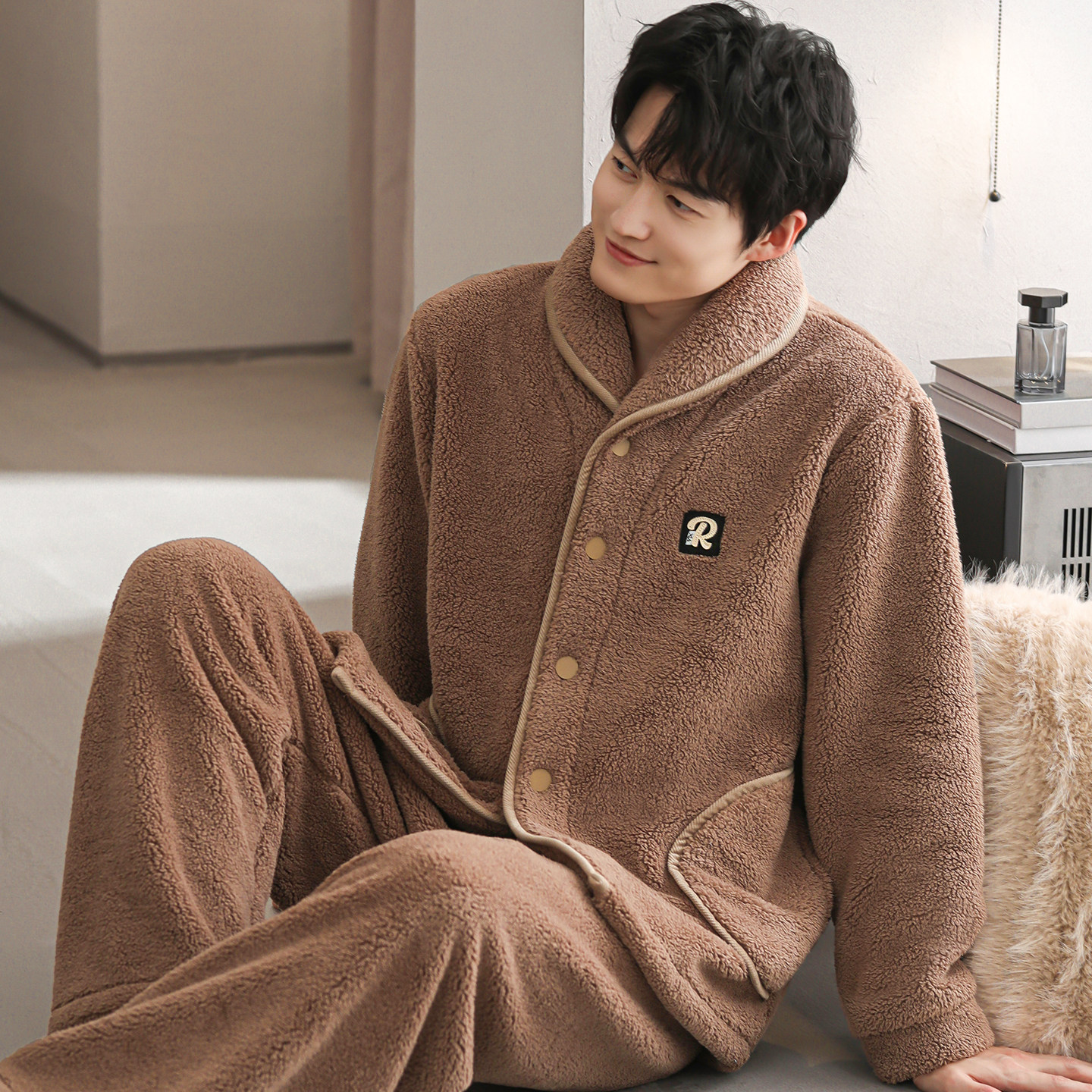 睡衣男秋冬加厚加绒法兰绒套装珊瑚绒家居服开衫休闲大码保暖冬装