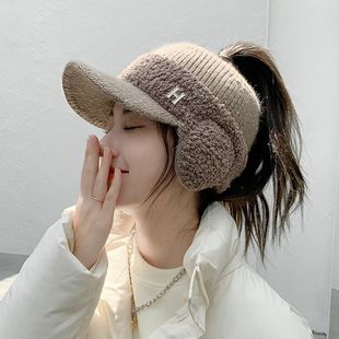 帽子女冬天户外骑行针织护耳鸭舌时尚百搭加绒保暖空顶耳套毛线帽