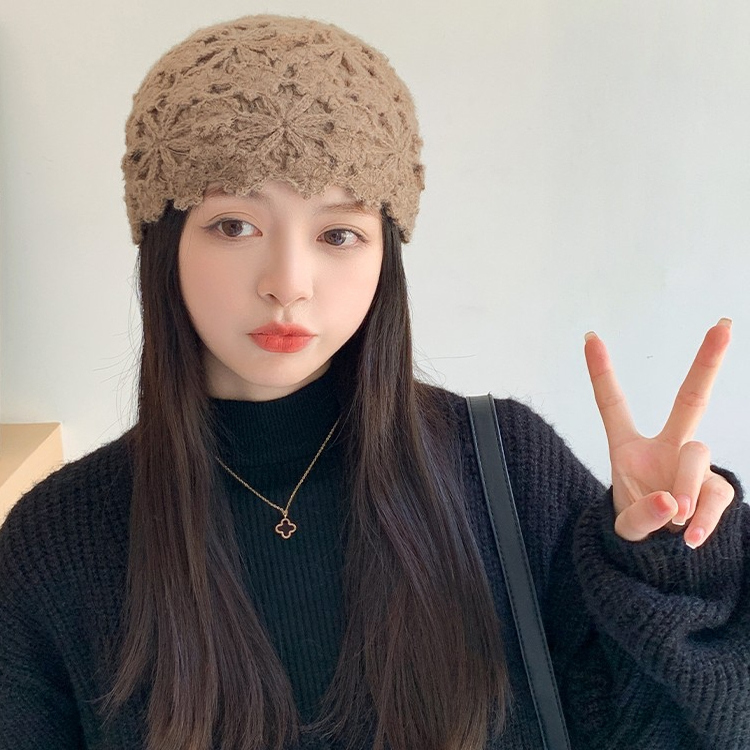 双层钩花包头帽时尚女冬毛线帽