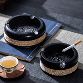 创意复古锡象烟灰缸泰国进口编织绳装 饰茶几摆件黑色古典家用烟缸