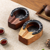 复古实木创意家用烟灰缸马蹄形烟灰缸客厅茶室办公室装 饰烟缸摆件
