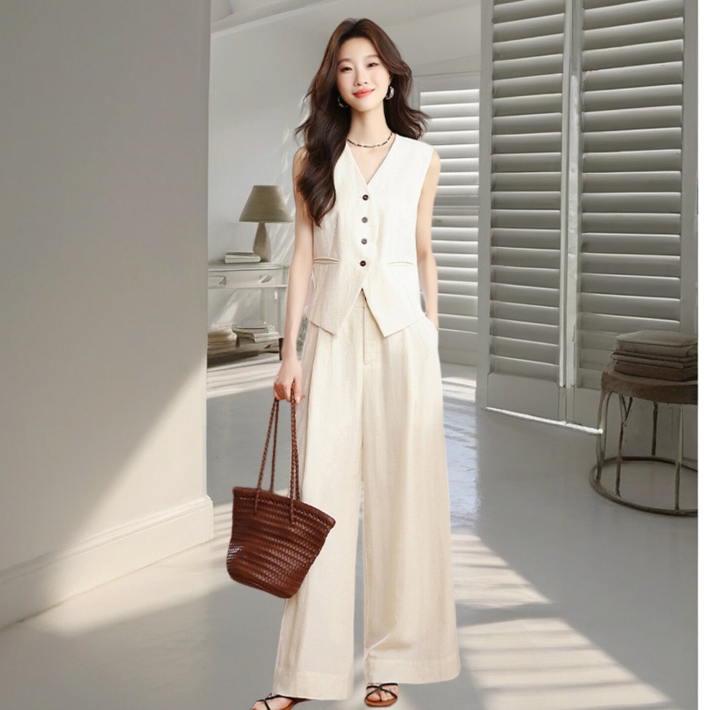 2026新款老钱风V领马甲阔腿裤两件女夏季高级感休闲减龄时尚套装