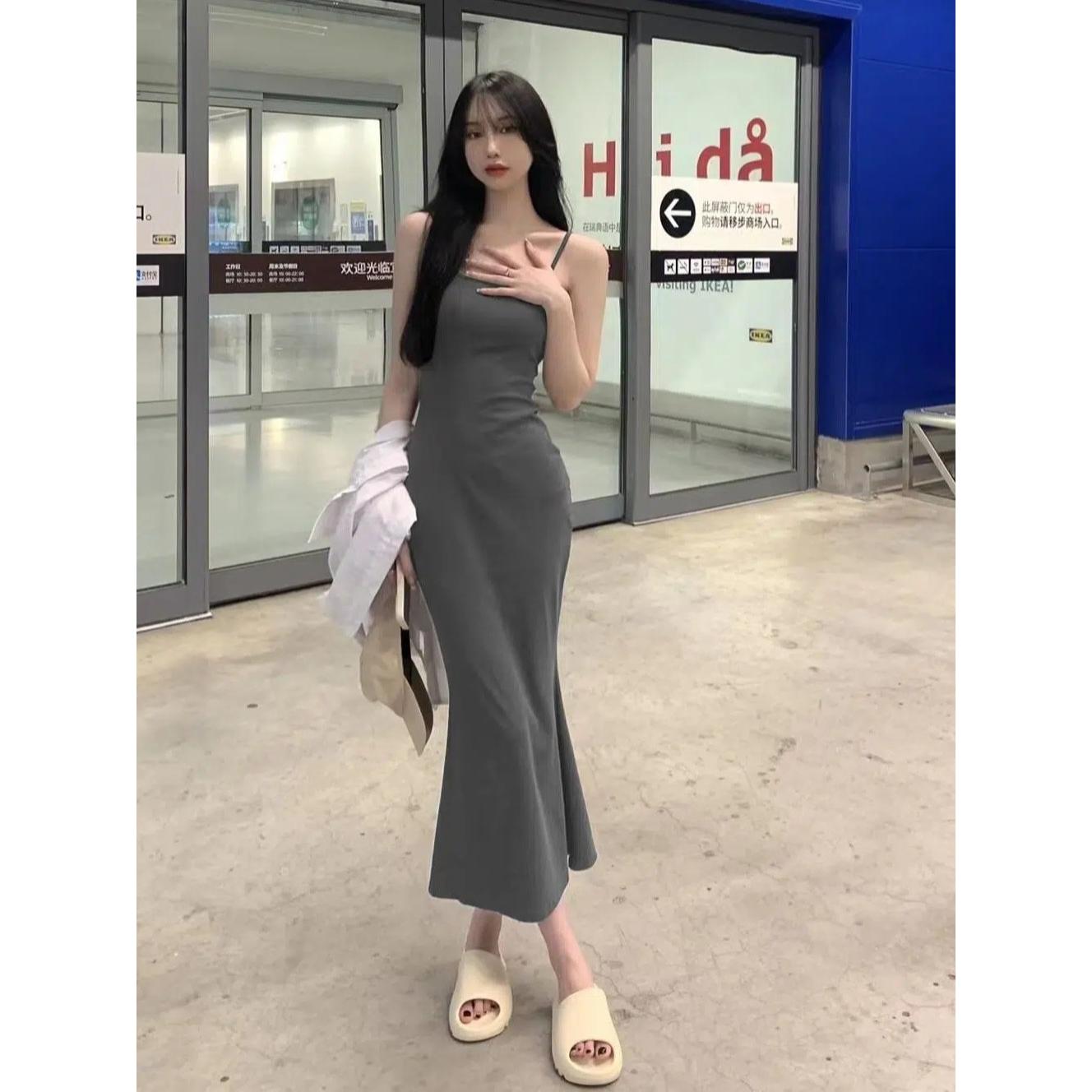 黑色吊带连衣裙女装夏季打底内搭裙紧身包臀裙子中长款鱼尾小妈裙