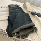 复古深蓝色做旧高腰牛仔裤 女宽松阔腿长裤 直筒裤 美式 2024春秋新款