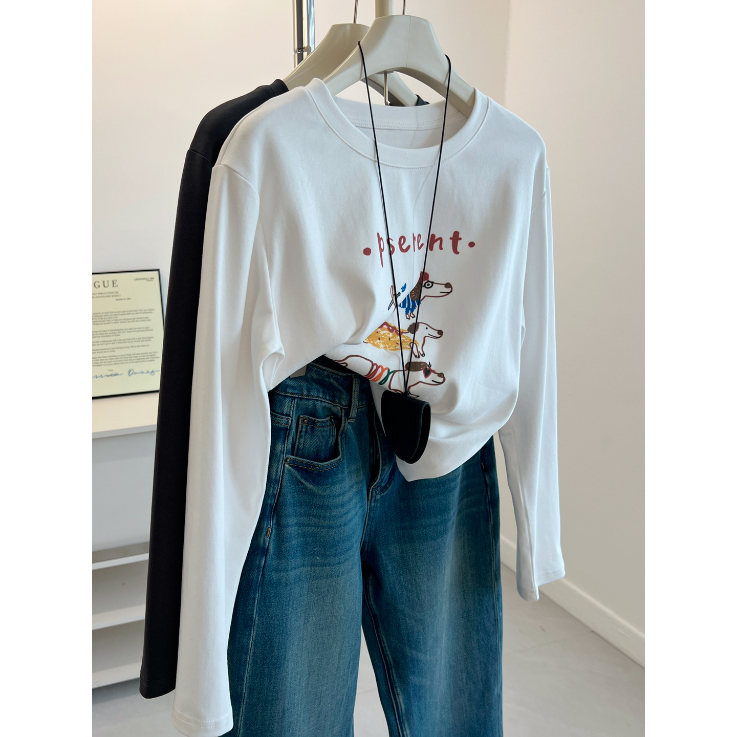 印花减龄圆领长袖T恤女内搭上衣