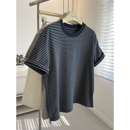 条纹圆领短袖t恤女宽松打底上衣